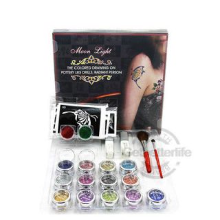   Professional 15 Color Glitter Tattoo Kit Makeup Oil Brushes 20 Stencil