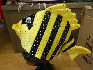 NEW Black & Yellow Striped Sequin Velvet Costume FISH HAT tiger fish 