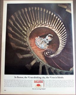   vintage beverage Ad Salada Tea maid carrying tray Circular Staircase