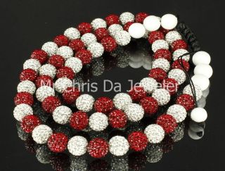 MENS RED WHITE ICED BEAD BALL NECKLACE CHAIN RAPPER STYLE 10MM RICK 