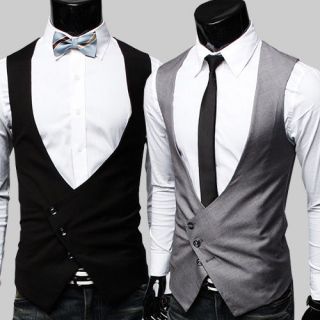 Mens slim Obliqued Button Suit Vest Big V neck casual business Vest 