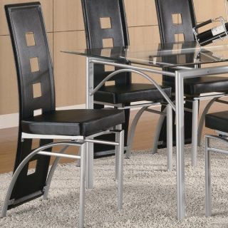 Dining Chair in Silver Metal Black Leather Like (Set of 2)