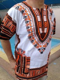 DASHIKI SHIRT PONCHO MEXICAN AFRICAN BIG FREESIZE  ORANGE/WHITE 56 