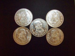 1964 Mexican Un Peso Silver Coins FIVE Mexican Silver Dollars 5 