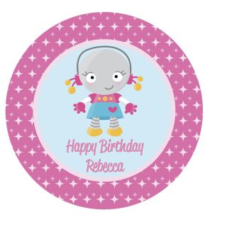 Robot Party {Girl} Edible ROUND Cake Topper Decoration