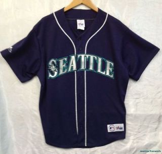 RARE Vintage MAJESTIC SEATTLE MARINERS Sewn Navy Poly Jersey L Made In 