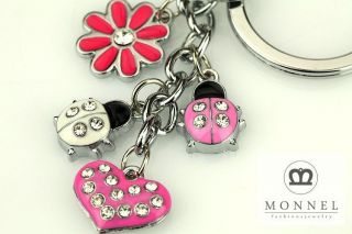 Z394 Cute Pink Lovely Ladybug Flower & LOVE Heart Charms Keychain