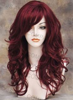   Long wavy Layered Soft Burgundy Red Mix Curly Wig w bangs bc #HL39/130