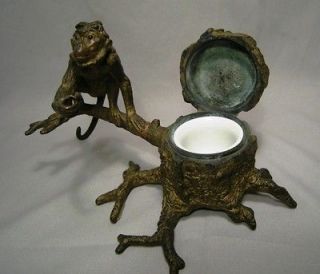 Rare Antique Vienna Bronze Monkey Inkwell Geschutzt