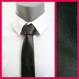   Casual Skinny Slim Narrow Black Solid Faux Leather Neckties 2.15