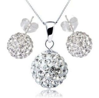 Lovely Sliver Disco Crystal Ball Pendant Silver Necklace&Ear Stud 