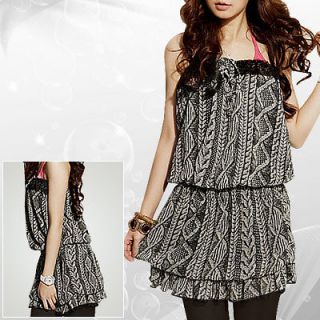 XS Rope Print Strapless Tunic Shirt Blk Beige for Woman