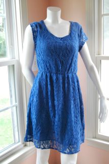 Medium Vintage Inspired Cobalt Powder Blue Lace Dress Sheer Cap Sleeve 