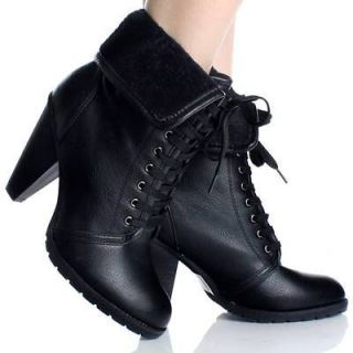 Black Lace Up Ankle Boots Combat Granny Fold Over Womens High Heels 