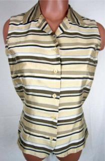 Ann Taylor Sz 4 Sleeveless Silk Blouse Shirt Button Front  Beige/Brown 