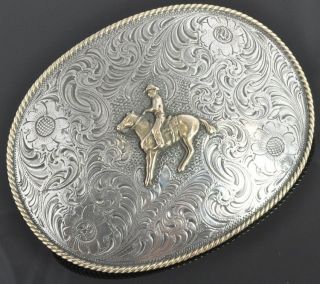 Vintage Sterling Silver & Brass Etched Huge Oval Cowboy Mens Belt 