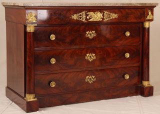 French Empire Mahogany Marble Top Commode Chest Dresser with Gilt 