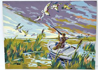 Vintage Paint by Numbers Man Duck Hunting, un framed Boat Bird Nature 