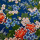   Cotton Fabric Asian Inspired Floral, Chrysanthemums on Blue, Per Yard