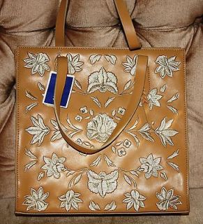 BNWT Adrienne Vittadini Leather Bag with Silk Embroidery Tan with 