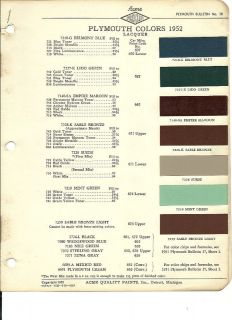 1952 PLYMOUTH Paint Sample COLOR CHIP CHART Brochure Acme