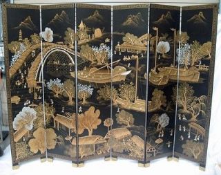 Gorgeous Old 6 Panel Chinese Screen Painted Gold Silver Black Lacquer 