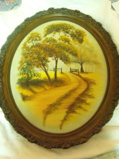 Allene West Oil Painting Scenic road trees fence Ornate Oval Wood 