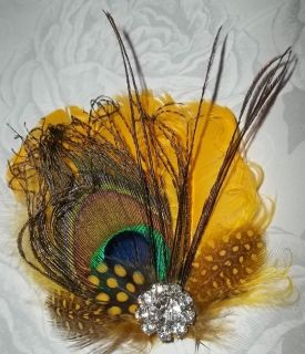   yellow peacock feather bridal wedding fascinator hair clip Rhinestones