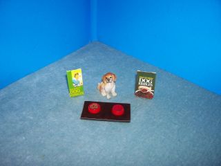  house pet beagle puppy food bags water & food bowls 1/12 scale