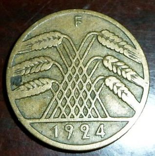 1924 F GERMAN 10 Deutsches Reich Coin Reichspfennig Weimar Stuttgart