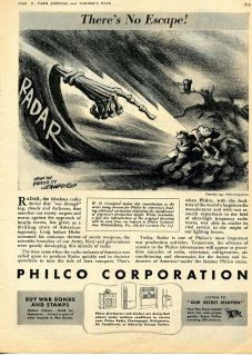1943 Philco Radio Radar W.G. Crawford Anti Nazi Cartoon Ad