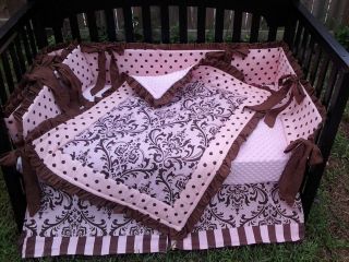New Pink/Brown Damask, Polka Dot/Stripe Crib Bedding Set READY TO SHIP 