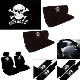 15pc SUV Seat Cover Skeleton White Bone Gothic Skull Head + Wheel Belt 