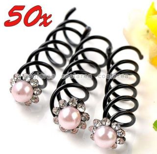 50x Bridal Pink Faux Crystal Flower Spiral Hair Pins Bun Twist 