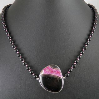 Pink/black Agate gemstone pendant,black Onyx beads handmade jewelry 