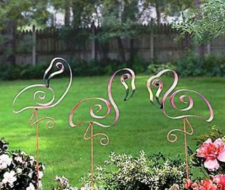 Pink Flamingo Yard Stakes Tall Swirly Metal Garden Decorations (Set of 
