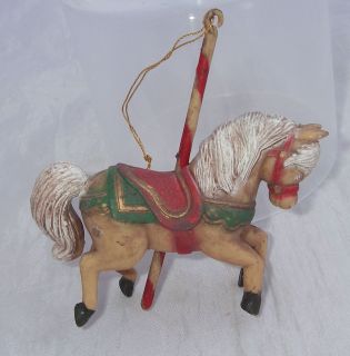 Plastic Vintage Look Carousel Horse Ornament Brown Green Red White 3 