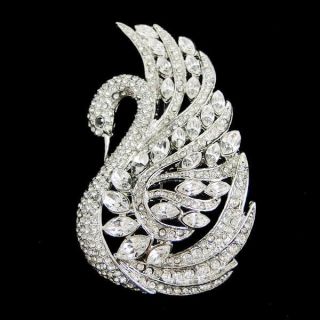 Elegant Wedding Swan Bird Brooch Pin Clear Rhinestone Crystal Animal