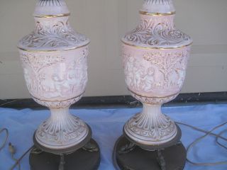   Capodimonte Set Two Pink Porcelain Fawn & Cherub Dimmer Table Lamps