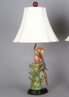 NEW PRETTY PORCELAIN COLORED PARROT, WOOD LAMP 28H