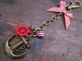 NAUTICAL ANCHOR & WHEEL Antique Gold Bag Charm Huge Anchor Red White 