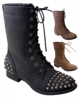 NEW Womens Punk Metal Studded Lace Up Military Combat Low Heel Boot Sz 