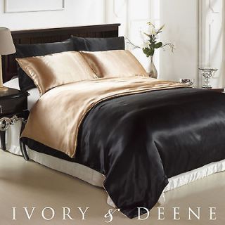 BLACK/GOLD Silk Satin QUEEN Size Reversible Doona Quilt Cover Luxury 