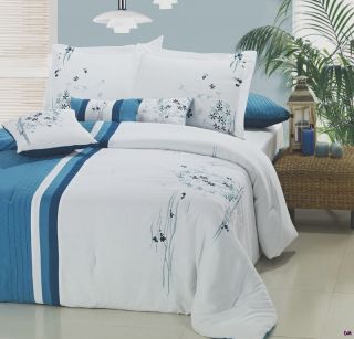 Queen Araberque 12 pc. White and Teal Blue Floral Bed in a Bag 