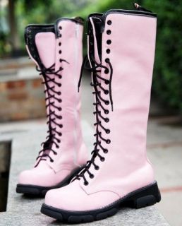 Ladies Black Lace Up Punk Rock Mid Calf Low Heel Military Combat Boots 