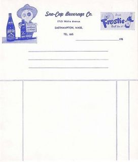 1950 receipt FROSTIE ROOT BEER Sno Cap Sun Drop Easthampton Mass new 