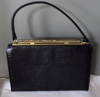 Vintage Faux Crock Black Purse Tote Hand Bag Gold Bar Closure