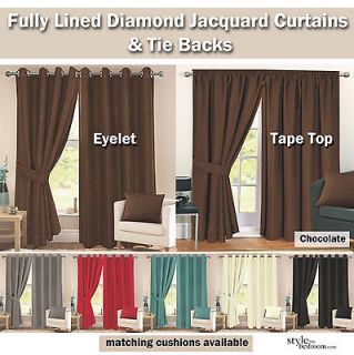 Pair Fully Lined Jacquard Diamond Detail Curtains + Ties in 11 Sizes 