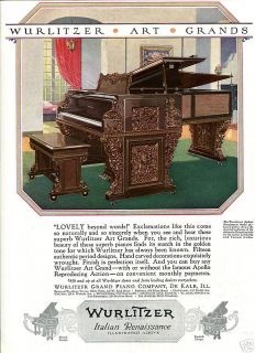 1926 WURLITZER Grand PIANO COLOR Ad. Elaborate Italian