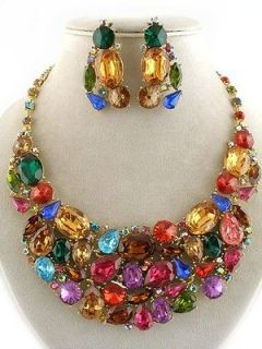   BRIDAL Multicolor CRYSTAL STATEMENT BIB JEWELRY NECKLACE EARRING SET